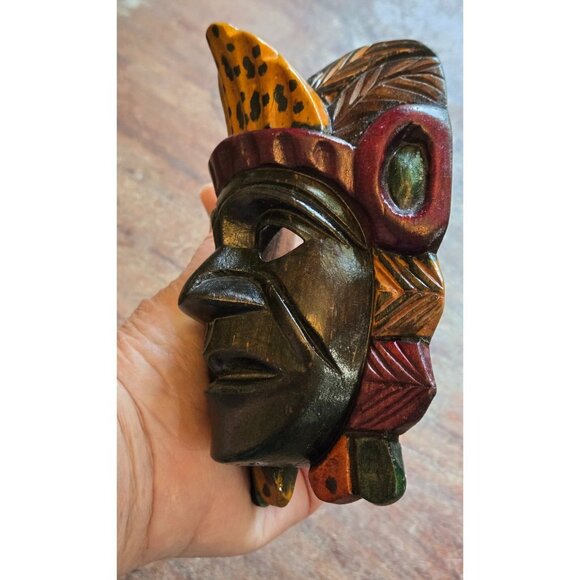 Mayan Vtg Mask Hand Carved Wood 5.75"x2.25" Painted Tribal Ceremonial Folk Art - Picture 5 of 10